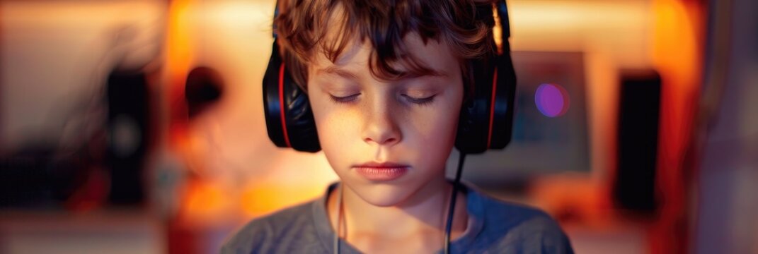 Child undergoing pure tone audiometry test evaluating auditory sensitivity to various pitch and volume levels Young boy wearing headphones and responding to sounds with different frequencie