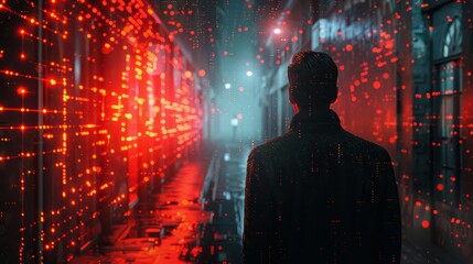 Cyberpunk Scene with Man in Neon-lit Alley