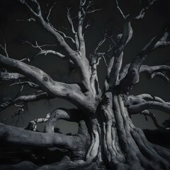 hauntingly beautiful black-and-white photograph of a massive, leafless tree