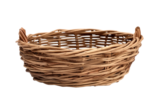 classic wicker basket woven from natural willow branches, with a warm, rustic appearance. Isolated on white background