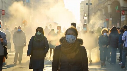 Commuters wearing masks in a polluted urban environment, highlighting the impact of air pollution on daily life. - Powered by Adobe