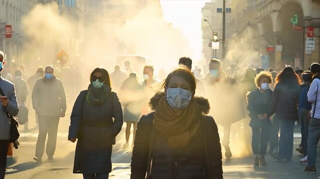 Commuters wearing masks in a polluted urban environment, highlighting the impact of air pollution on daily life.