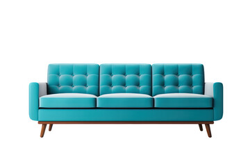 classic mid-century modern 3-seater sofa with clean lines, tapered legs, and tufted upholstery. Isolated on white background