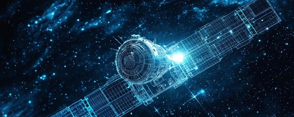 Futuristic wireframe orbital space debris mitigation satellite in cosmic environment
