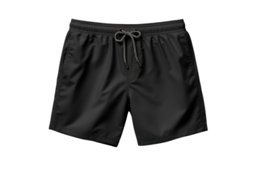 classic black men's swim trunk with a drawstring closure, isolated on a white background.