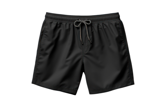 classic black men's swim trunk with a drawstring closure, isolated on a white background.