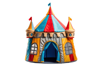Obraz premium child's play tent shaped like a colorful castle, bringing a sense of imagination and adventure to a child's bedroom, isolated on a white background