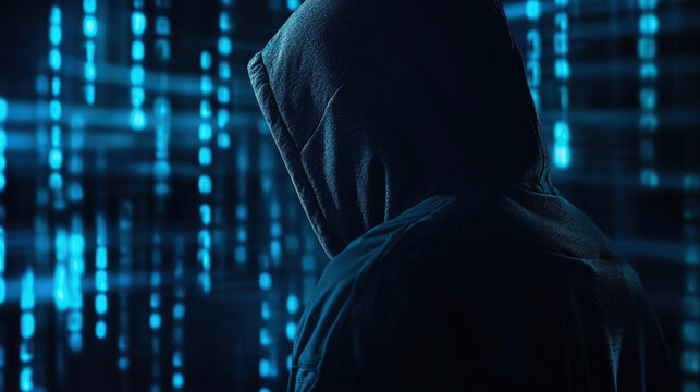 Hooded Hacker with Binary Code Background Representing Cybersecurity Threat