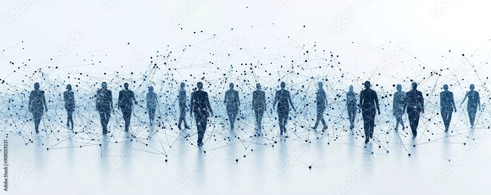 Poster digital illustration of wireframe people connected through large network in abstract space