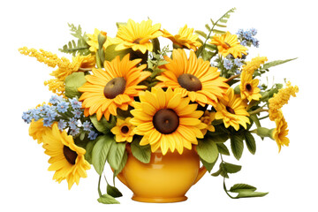 Obraz premium cheerful arrangement of daisies and sunflowers in a yellow vase, isolated on white background