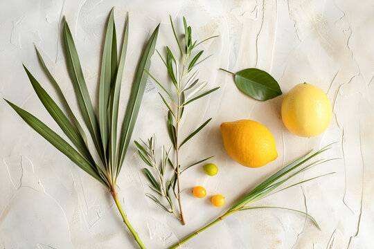 Lulav, myrtle, willow, and etrog (citron) on a light background