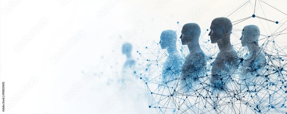 Poster digital wireframe people in futuristic network representing technology and communication