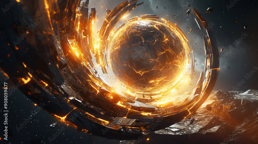 Poster abstract explosion in space with rocks and stones burst in flame, sci-fi and technology background