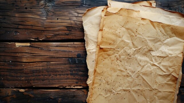 Antique paper sheets on wooden table with space for text Top notch image