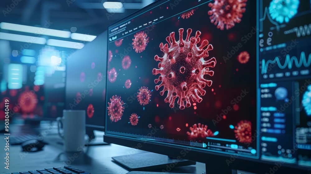Poster virus visualizations on multiple computer screens