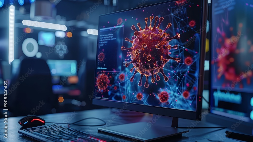 Poster virus on computer screen in modern lab