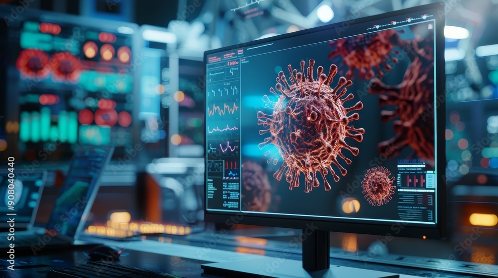 Poster virus visualization on computer screen in lab