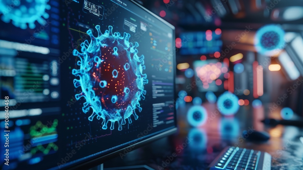 Poster computer screen showing virus analysis in lab