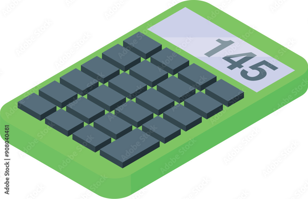 Poster green calculator showing number 145 on display is calculating result of financial operation