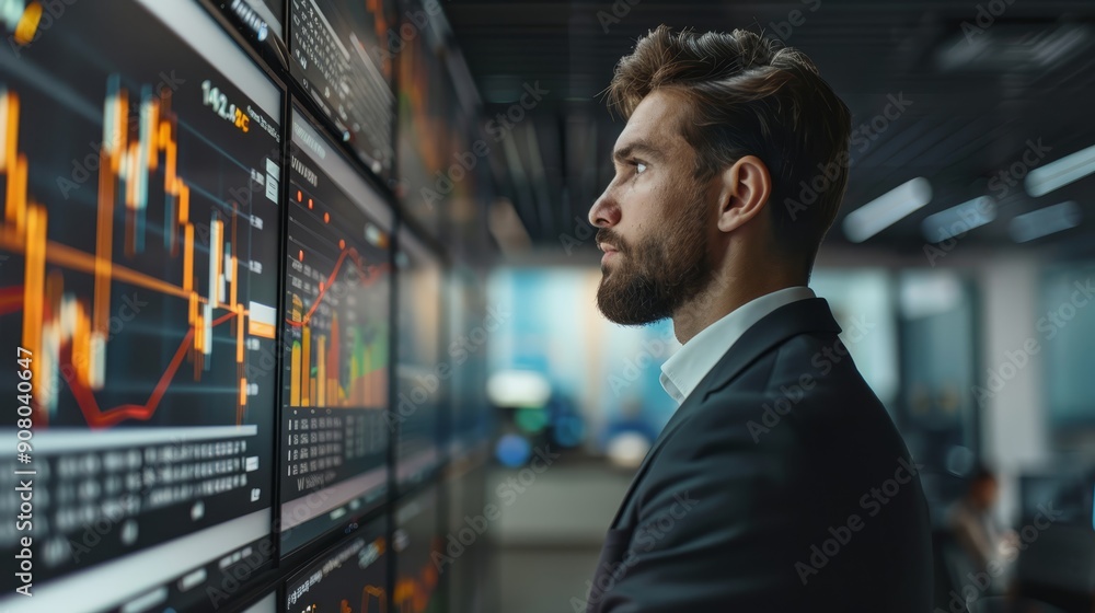 Poster trader analyzing stock market data on screens