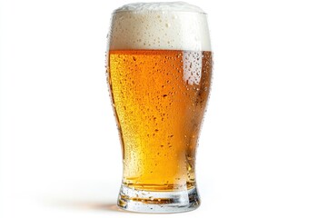 Glass of cold beer with foam, bubbles in drink, isolated on white background, ai
