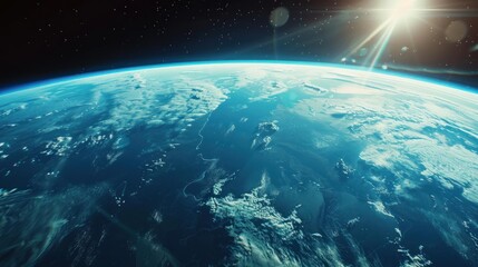 Fototapeta premium A view of Earth from space reveals vast oceans, swirling clouds, and the faint glow of sunlight breaking over the horizon, invoking a sense of wonder.