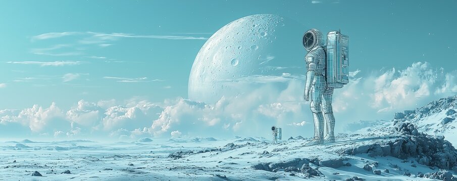 Futuristic wireframe robotic explorers standing on an icy alien landscape