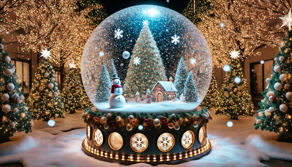  A realistic Christmas illumination featuring a giant snow globe. The snow globe sparkles with lights and a festive scene inside creating a magical winter wonderland