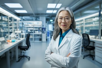 Fototapeta premium Chinese elderly woman chemist examining and analyzing scientific research with a microscope in a laboratory.