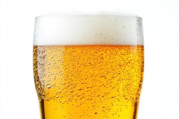 Glass of cold beer with foam, bubbles in drink, isolated on white background, ai