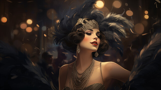 Elegant 1920s Flapper Woman Dancing in Speakeasy with Feathered Headband and Long Pearls