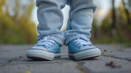 Baby stands in brand new blue sneakers