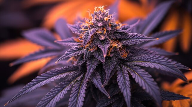 Thumbnail image of one round cannabis flower, cannabis in dark purple and orange