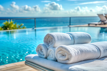 Close up of white towels next to a swimming pool with blue water and sea view, vacation concept