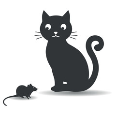 Illustration of black silhouette of a cat and mouse on a white background.