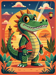 Fototapeta premium A Friendly Green Crocodile in a Red Vest Stands in a Tropical Sunset Landscape