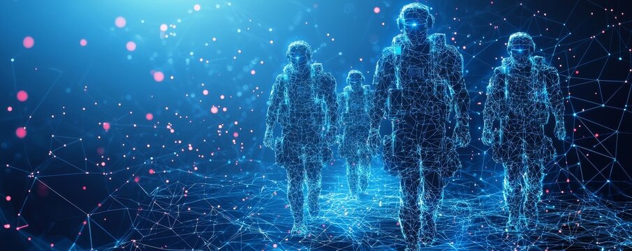 Digital wireframe soldiers walking in futuristic blue cyberspace with glowing dots