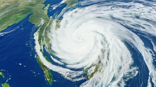 Process of the formation and movement of a huge cyclone above the Earth's surface. Meteorological satellites guard the safety of people.