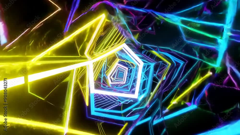 Poster flying through an abstract sci-fi tunnel of neon lights generative ai