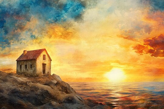 House constructed on the sand vs house constructed on a rock. Parable of the wise and foolish builders. Gospel of Matthew. Hearing Jesus' teachings and putting them into practice. Sunset sky, ai