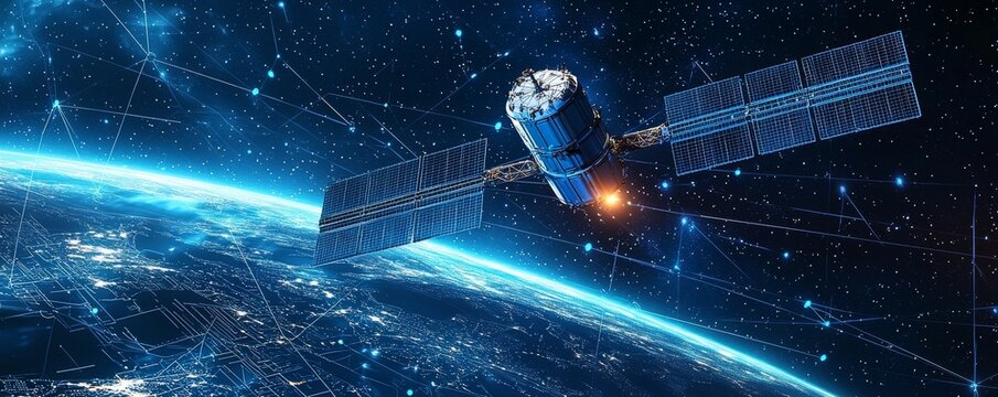 Illustration of a satellite orbiting Earth with a glowing network in space