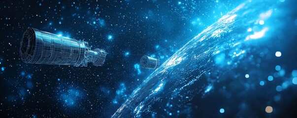 Wireframe space probes in orbit sending data to Earth amidst a starry sky