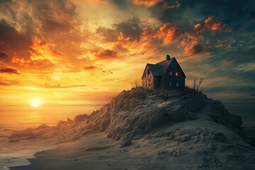 House constructed on the sand vs house constructed on a rock. Parable of the wise and foolish builders. Gospel of Matthew. Hearing Jesus' teachings and putting them into practice. Sunset sky, ai