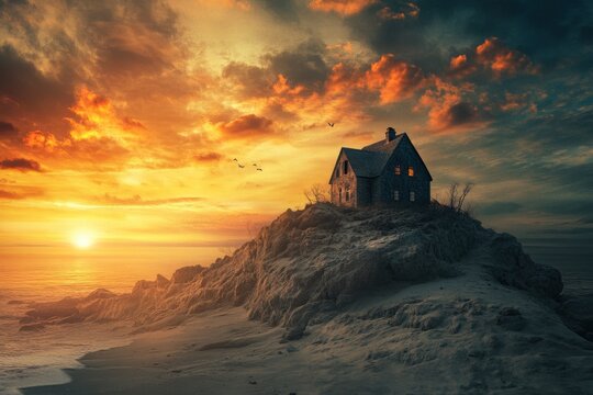 House constructed on the sand vs house constructed on a rock. Parable of the wise and foolish builders. Gospel of Matthew. Hearing Jesus' teachings and putting them into practice. Sunset sky, ai
