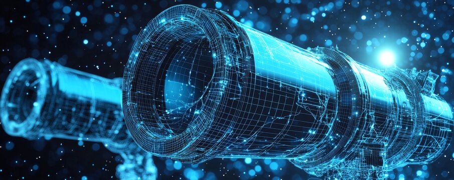 Futuristic wireframe illustration of space telescopes with digital blue light - Powered by Adobe