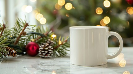 White Mug on Marble Surface with Christmas Decorations