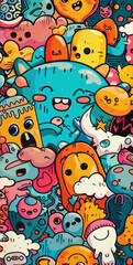 Whimsical doodle extravaganza. Vibrant and playful illustration featuring a diverse cast of adorable characters, perfect for adding a touch of joy to your designs.