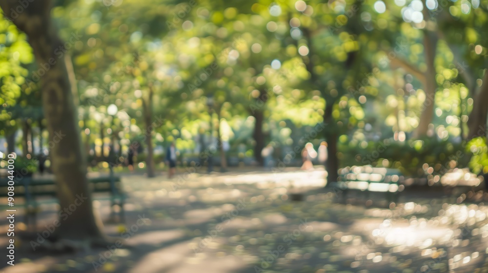 Poster tranquil blurred park background. a tranquil and serene abstract background of a lush park with gree