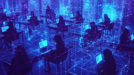 Digital illustration of students in a networked classroom setting, represented by wireframe connections