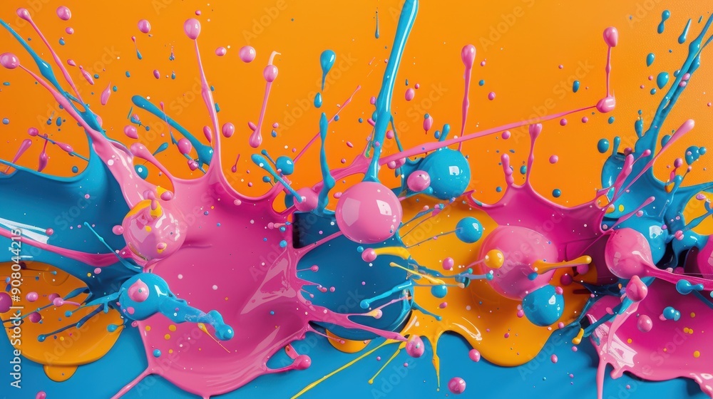 Poster vibrant paint splatters forming an intricate abstract design based on the golden ratio, creating a v